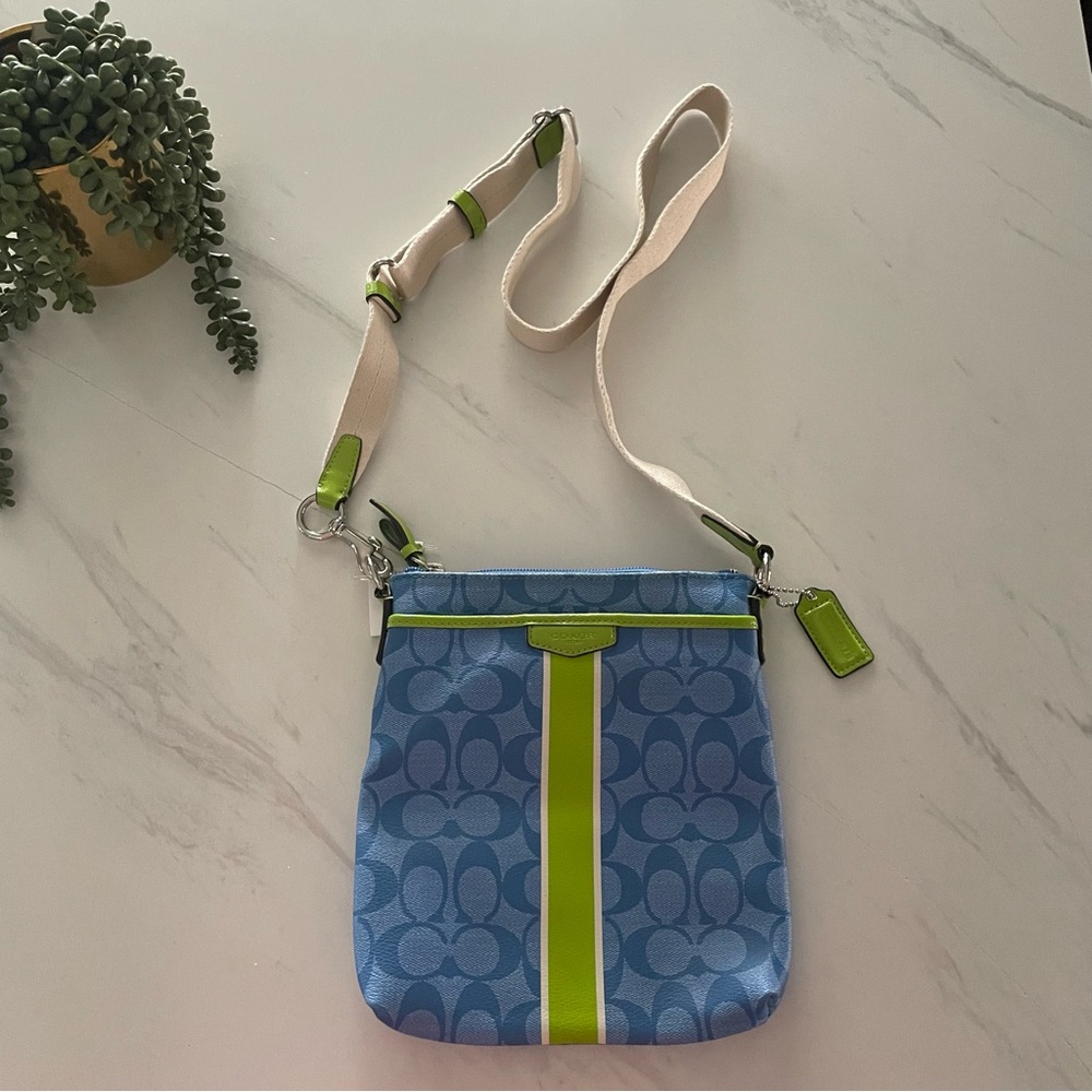 NWT Coach Signature Embossed PVC Shoulder Crossbody Bag Blue Green - Picture 1 of 14